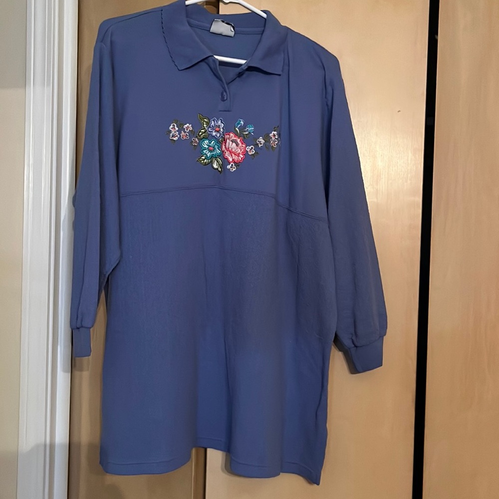Koret Francisca Vintage Periwinkle Shirt Dress with Embroidered Flowers